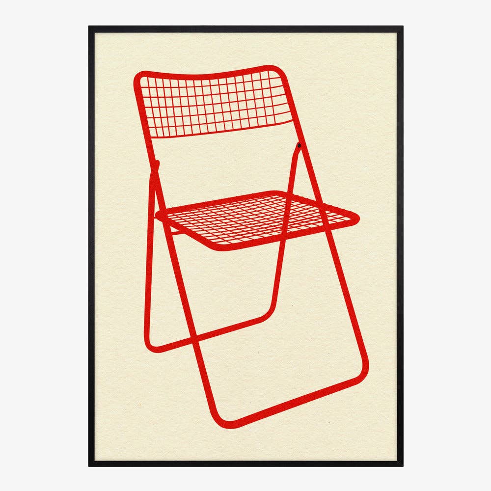 Kunstdruck: Roter Mesh Klappstuhl (50x70cm)