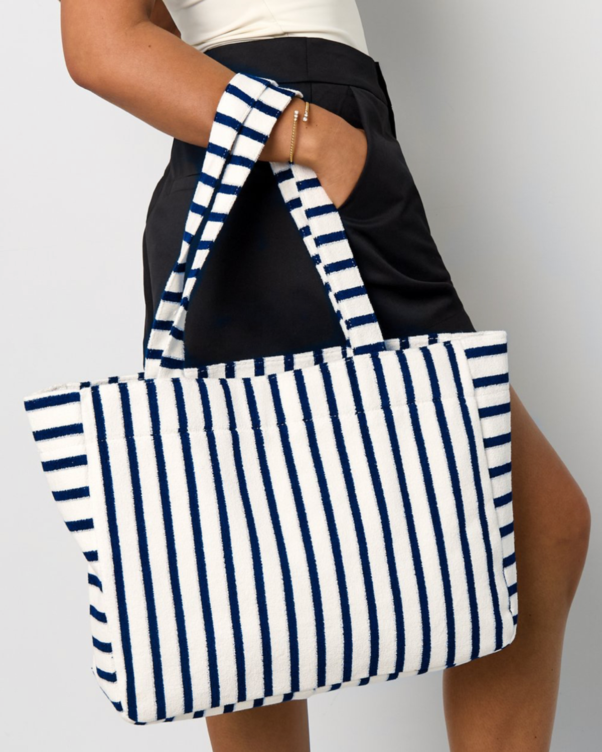 Frottee Tasche Gestreift Weiß/Marine
