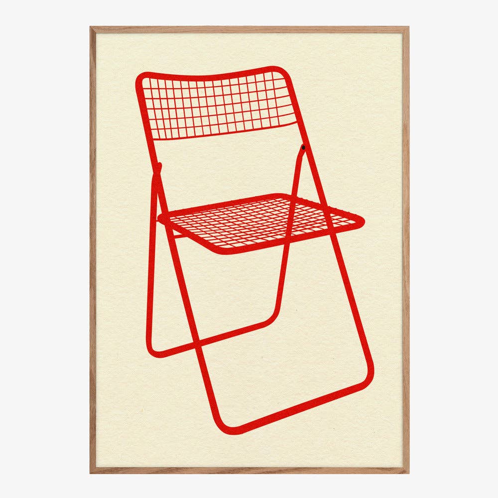 Kunstdruck: Roter Mesh Klappstuhl (50x70cm)