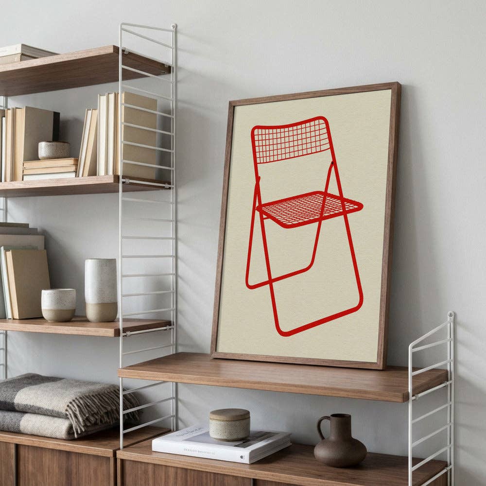 Kunstdruck: Roter Mesh Klappstuhl (50x70cm)