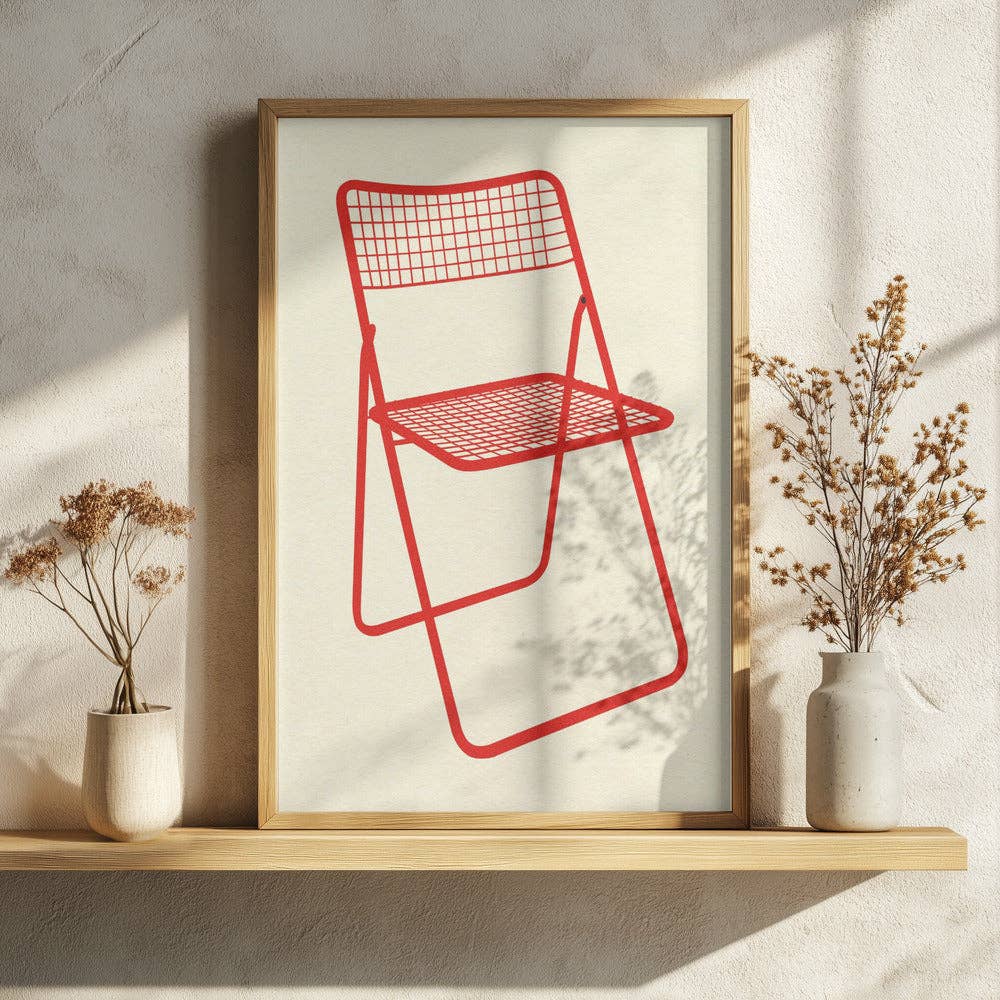 Kunstdruck: Roter Mesh Klappstuhl (50x70cm)