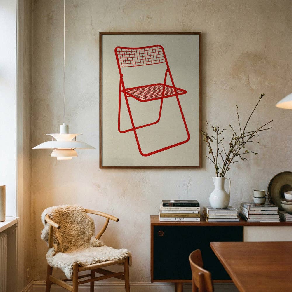 Kunstdruck: Roter Mesh Klappstuhl (50x70cm)
