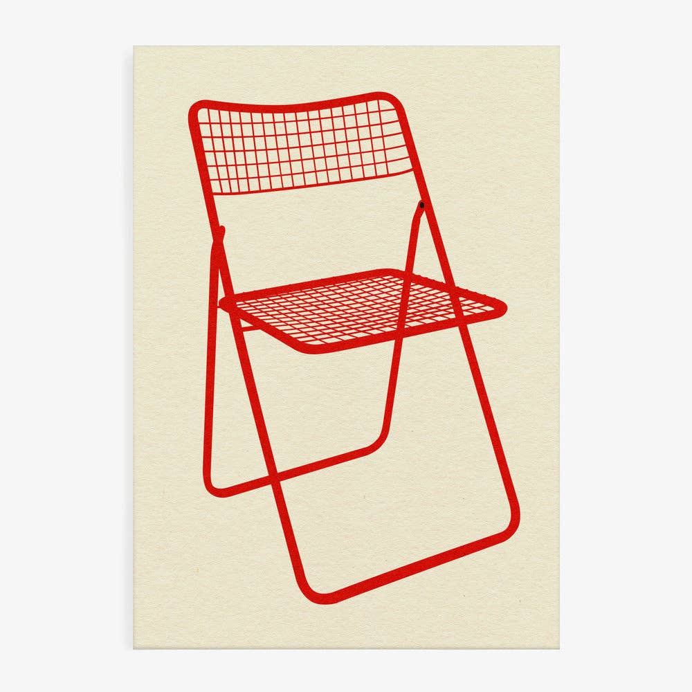 Kunstdruck: Roter Mesh Klappstuhl (50x70cm)