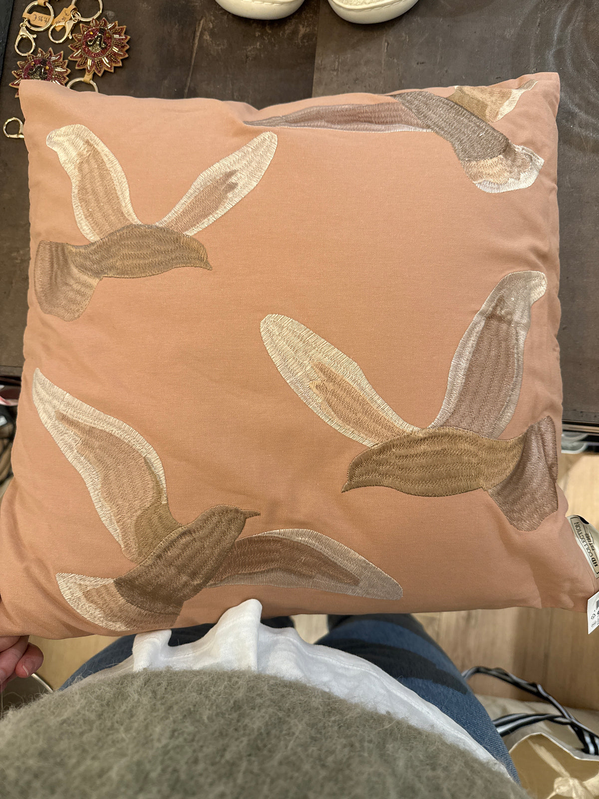 Kissen Rosa Stickmotiv Vögel